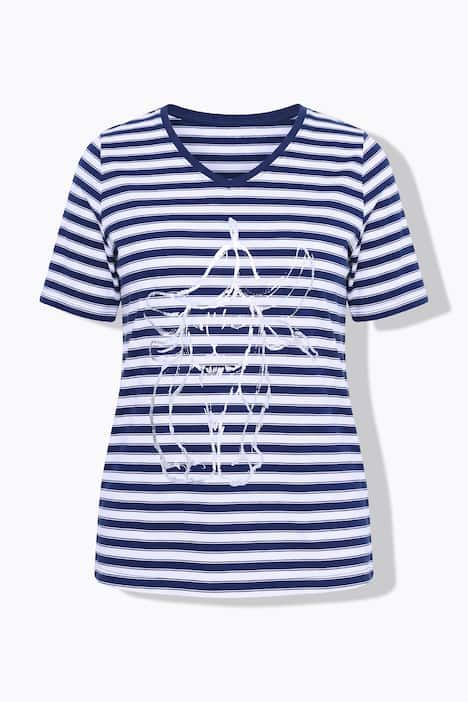 T-shirt à rayures avec motif aux reflets métalliques, décolleté en V et manches courtes