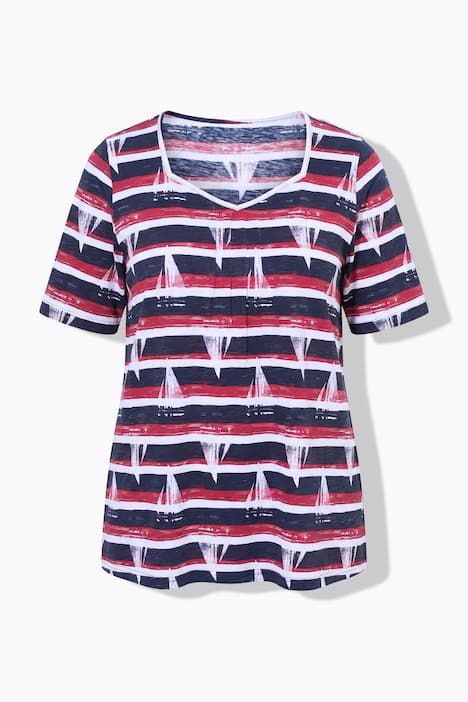 T-shirt coupe évasée, motif voiliers, décolleté en forme de cœur et manches courtes