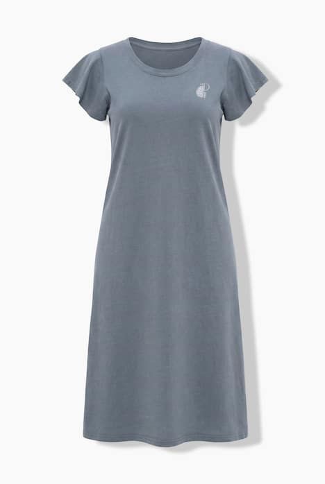 Robe maxi avec petite broderie, coupe évasée, décolleté rond et manches 3/4 volantées