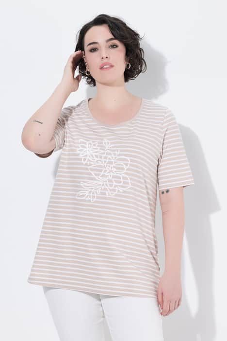 T-shirt rayé avec broderies, décolleté rond et manches courtes, coupe évasée