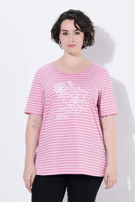 T-shirt rayé avec broderies, décolleté rond et manches courtes, coupe évasée