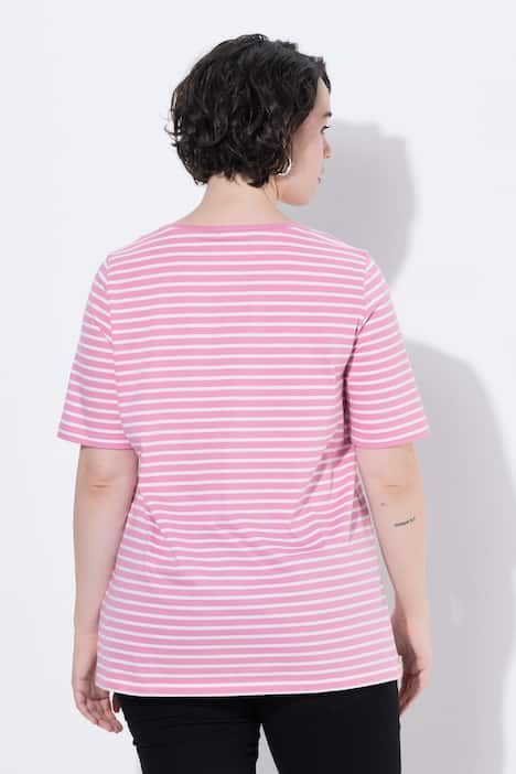 T-shirt rayé avec broderies, décolleté rond et manches courtes, coupe évasée