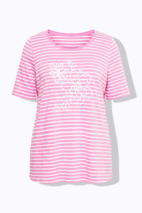 T-shirt rayé avec broderies, décolleté rond et manches courtes, coupe évasée
