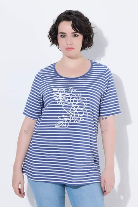 T-shirt rayé avec broderies, décolleté rond et manches courtes, coupe évasée