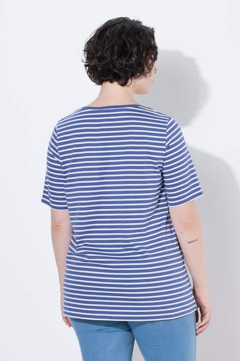 T-shirt rayé avec broderies, décolleté rond et manches courtes, coupe évasée