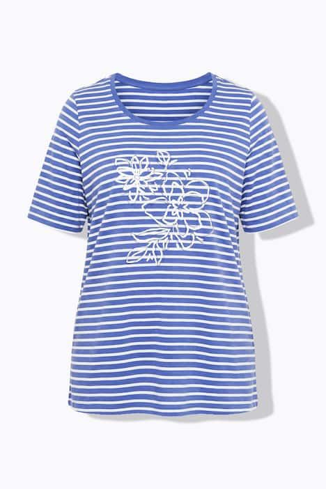 T-shirt rayé avec broderies, décolleté rond et manches courtes, coupe évasée