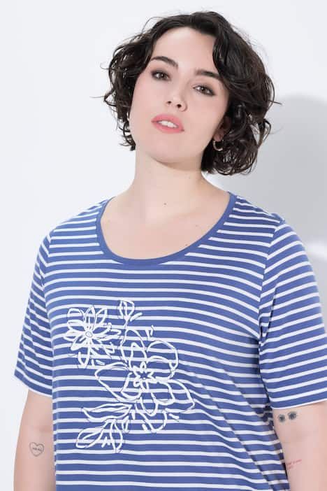 T-shirt rayé avec broderies, décolleté rond et manches courtes, coupe évasée