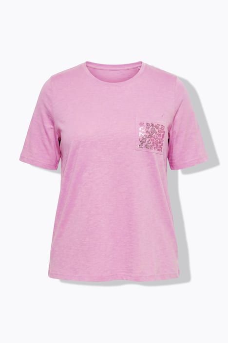 T-shirt décolleté rond et manches courtes, poche poitrine avec petites pierres fantaisie