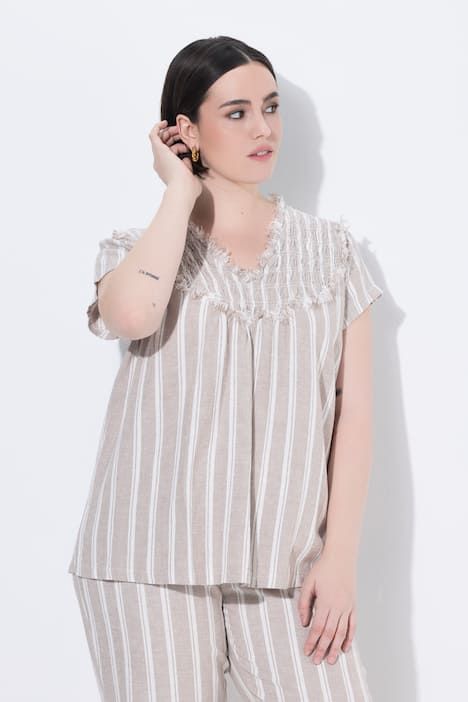 Blouse en lin à rayures, coupe évasée, décolleté en V et manches courtes