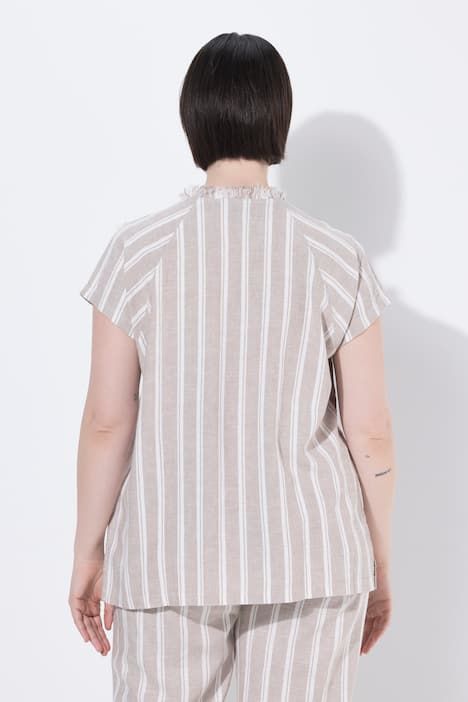 Blouse en lin à rayures, coupe évasée, décolleté en V et manches courtes