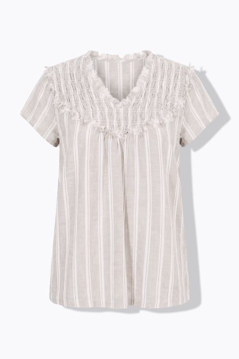 Blouse en lin à rayures, coupe évasée, décolleté en V et manches courtes