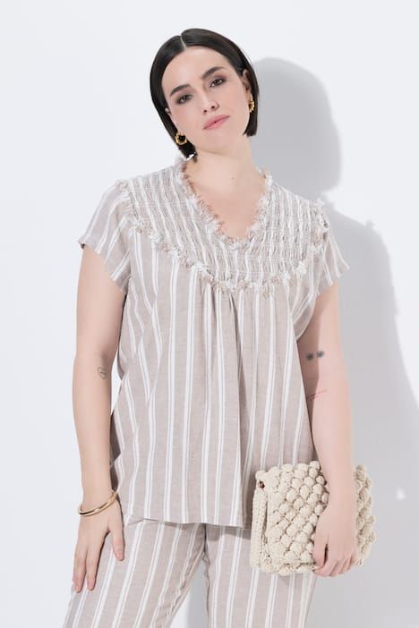 Blouse en lin à rayures, coupe évasée, décolleté en V et manches courtes