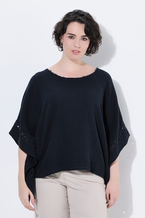 Blouse en mousseline oversize, dentelle, décolleté rond et manches courtes