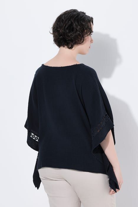 Blouse en mousseline oversize, dentelle, décolleté rond et manches courtes