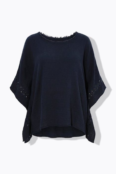 Blouse en mousseline oversize, dentelle, décolleté rond et manches courtes