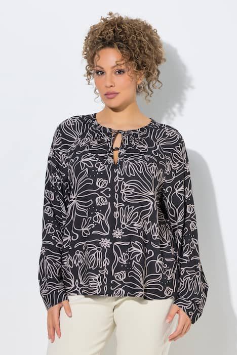 Blouse à fleurs, col tunisien avec cordon de serrage, manches longues