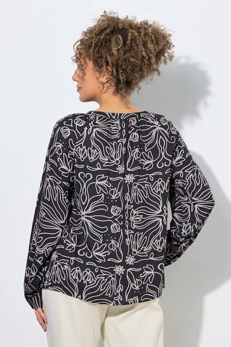Blouse à fleurs, col tunisien avec cordon de serrage, manches longues