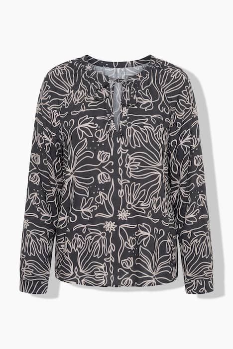 Blouse à fleurs, col tunisien avec cordon de serrage, manches longues