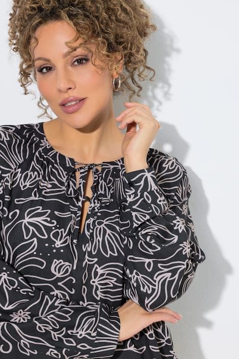 Blouse à fleurs, col tunisien avec cordon de serrage, manches longues