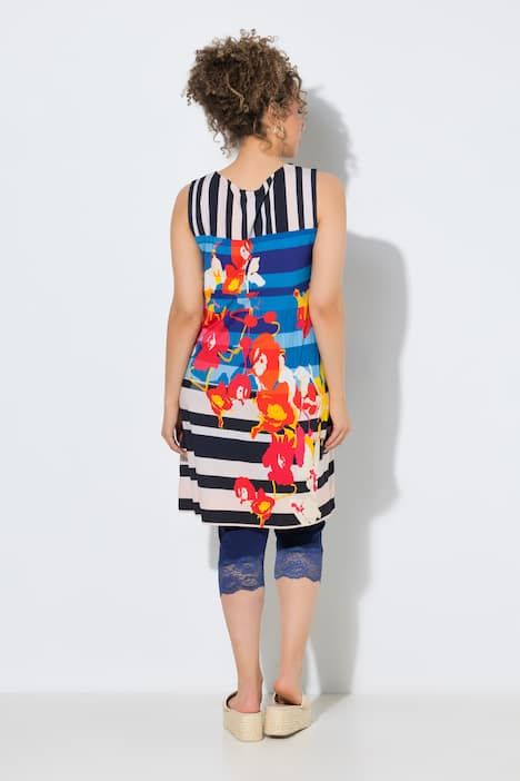 Robe sans manches en jersey, jeux de motifs et décolleté rond, coupe évasée