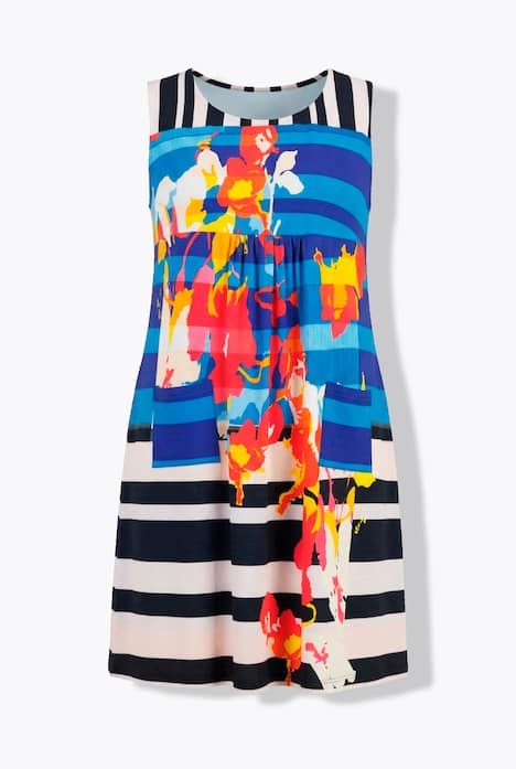 Robe sans manches en jersey, jeux de motifs et décolleté rond, coupe évasée