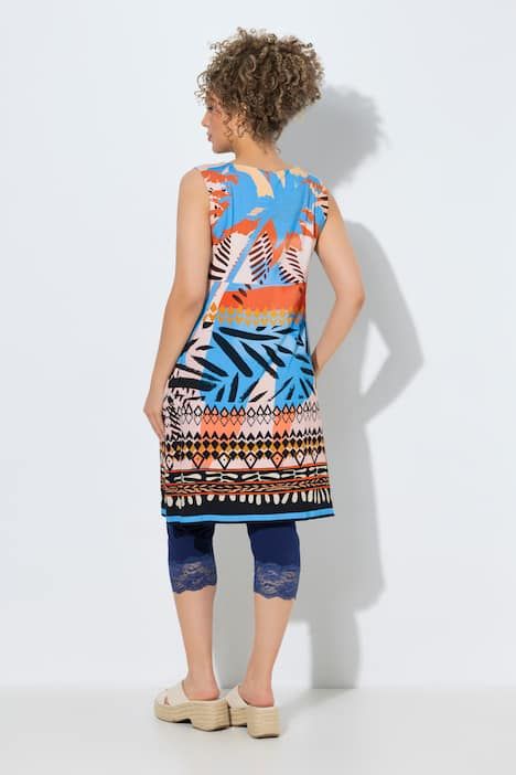 Robe sans manches en jersey, jeux de motifs et décolleté rond, coupe évasée