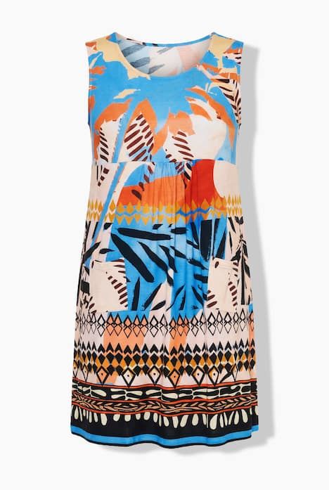 Robe sans manches en jersey, jeux de motifs et décolleté rond, coupe évasée