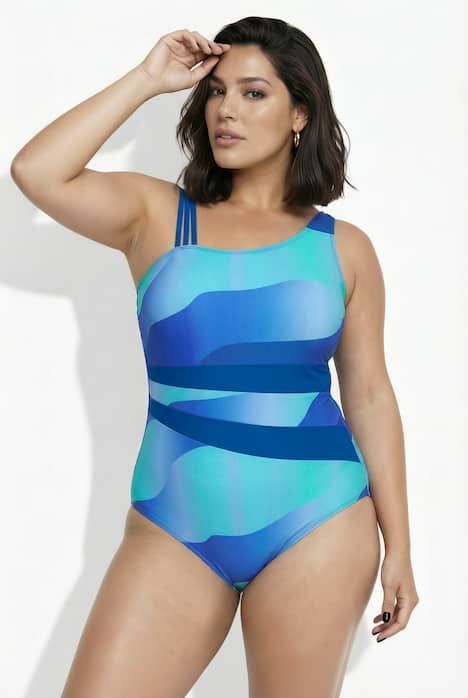 Maillot de bain avec bonnets souples et bretelle triple, motif vagues, matière recyclée
