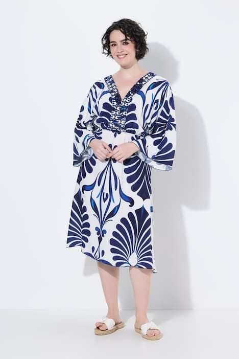 Robe décolleté en V et manches 3/4, imprimé et petites pierres fantaisie