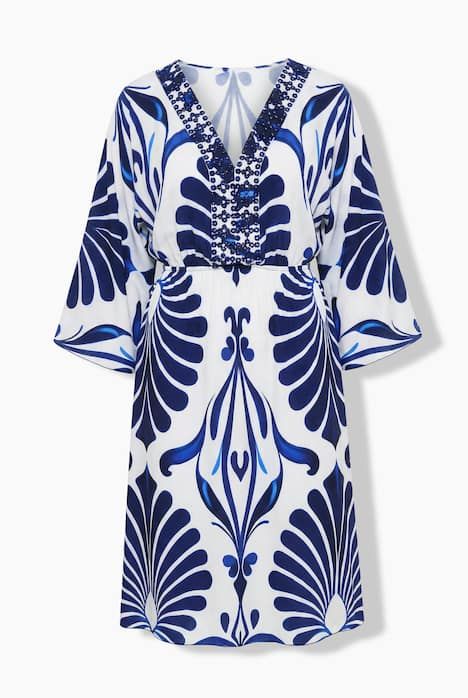 Robe décolleté en V et manches 3/4, imprimé et petites pierres fantaisie