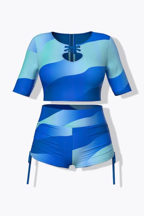 Bikini avec bonnets souples, manches courtes, laçage et motif vagues, matière recyclée