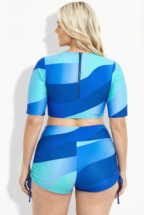 Bikini avec bonnets souples, manches courtes, laçage et motif vagues, matière recyclée