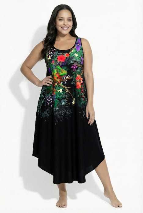 Robe midi sans manches, décolleté rond et motif caméléon, coupe évasée