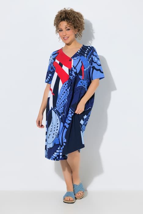 Robe midi avec poches, décolleté en V et manches courtes, coupe évasée