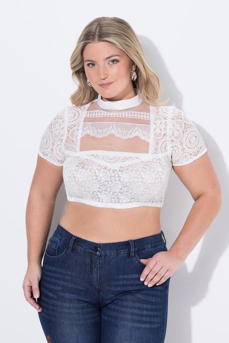 Chemisier traditionnel Dirndl en dentelle, col montant et manches avec ruchés