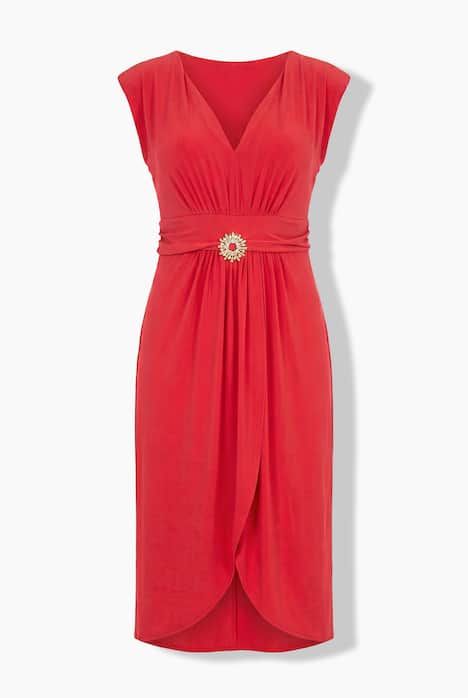 Robe sans manches, décolleté en V et drapé, coupe évasée