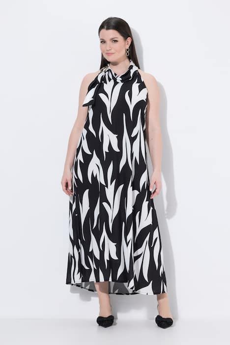 Robe maxi sans manches, motif feuilles et anneau fantaisie, col montant