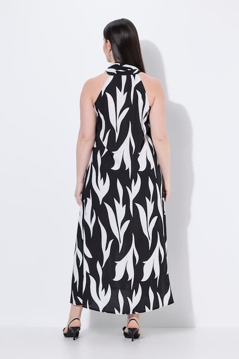 Robe maxi sans manches, motif feuilles et anneau fantaisie, col montant