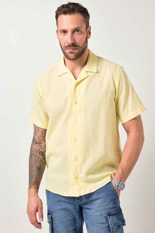 Chemise en lin mélangé, manches courtes et col cubain, coupe Modern Fit