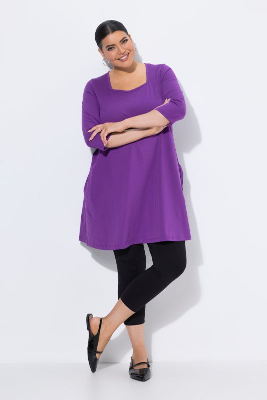 T-shirt long, coupé évasée, décolleté carré et manches 3/4