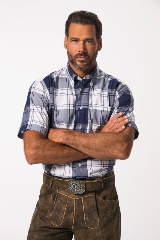 Chemise à carreaux JP 1880 de tenue traditionnelle bavaroise. Manches courtes et col à pointes boutonnées. Coupe Modern Fit, jusqu'au 8XL.