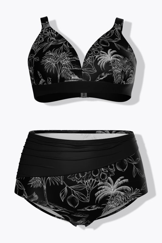 Bikini, motif palmiers, sans bonnets souples, bretelles réglables, matière recyclée