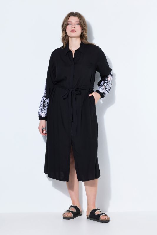 Robe-chemisier midi, manches bouffantes brodées, coupe évasée