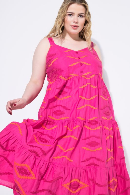 Robe midi à volants, broderies et coupe évasée