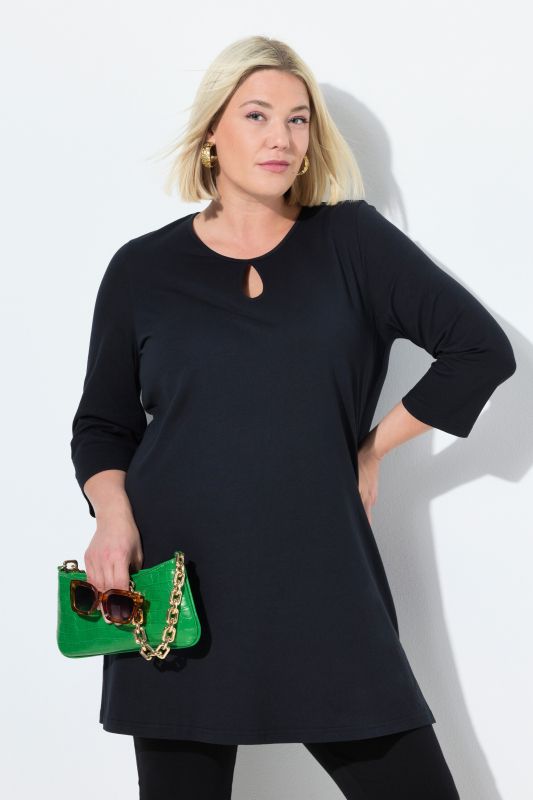 T-shirt long coupe évasée, décolleté rond et manches 3/4