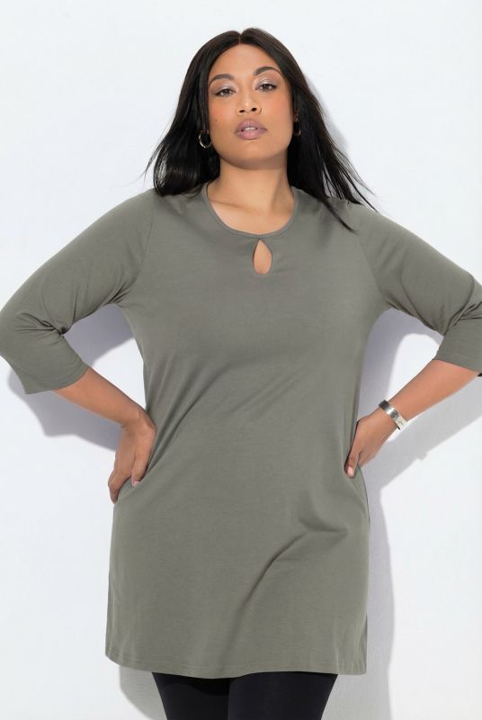 T-shirt long coupe évasée, décolleté rond et manches 3/4