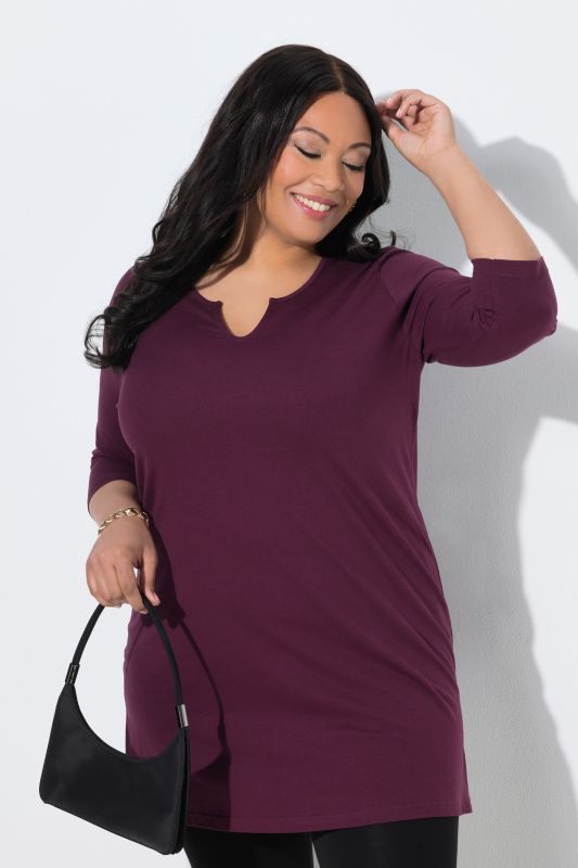 T-shirt long, coupe évasée, col tunisien et manches 3/4