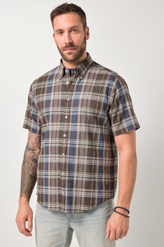 Chemise à carreaux JP 1880 en lin mélangé, manches courtes et col à pointes boutonnée, coupe Modern Fit - jusqu'au 8 XL