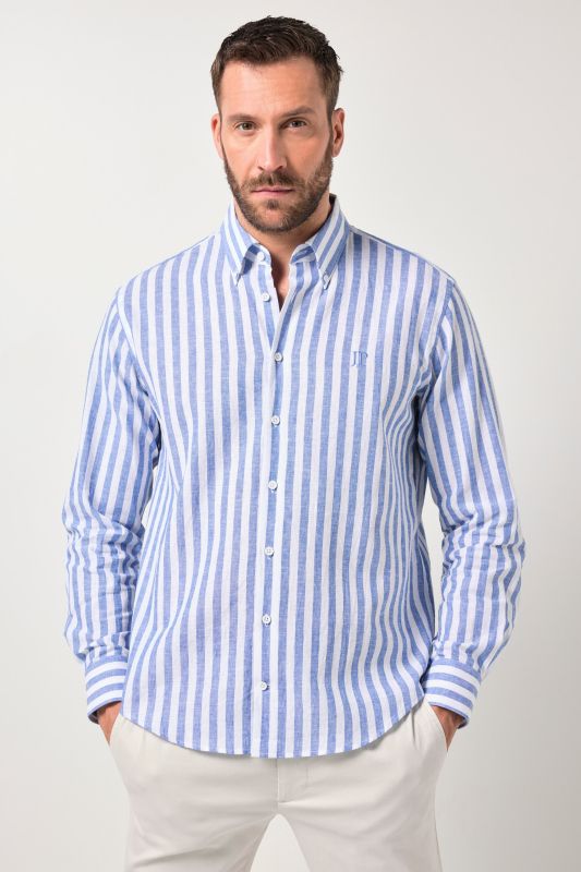 Chemise JP 1880 en lin mélangé à rayures, manches longues et col à pointes boutonnées, coupe Modern Fit - jusqu'au 8 XL