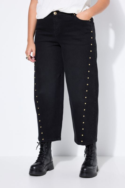 Jean Barrel avec rivets fantaisie, jambe ballon et taille haute